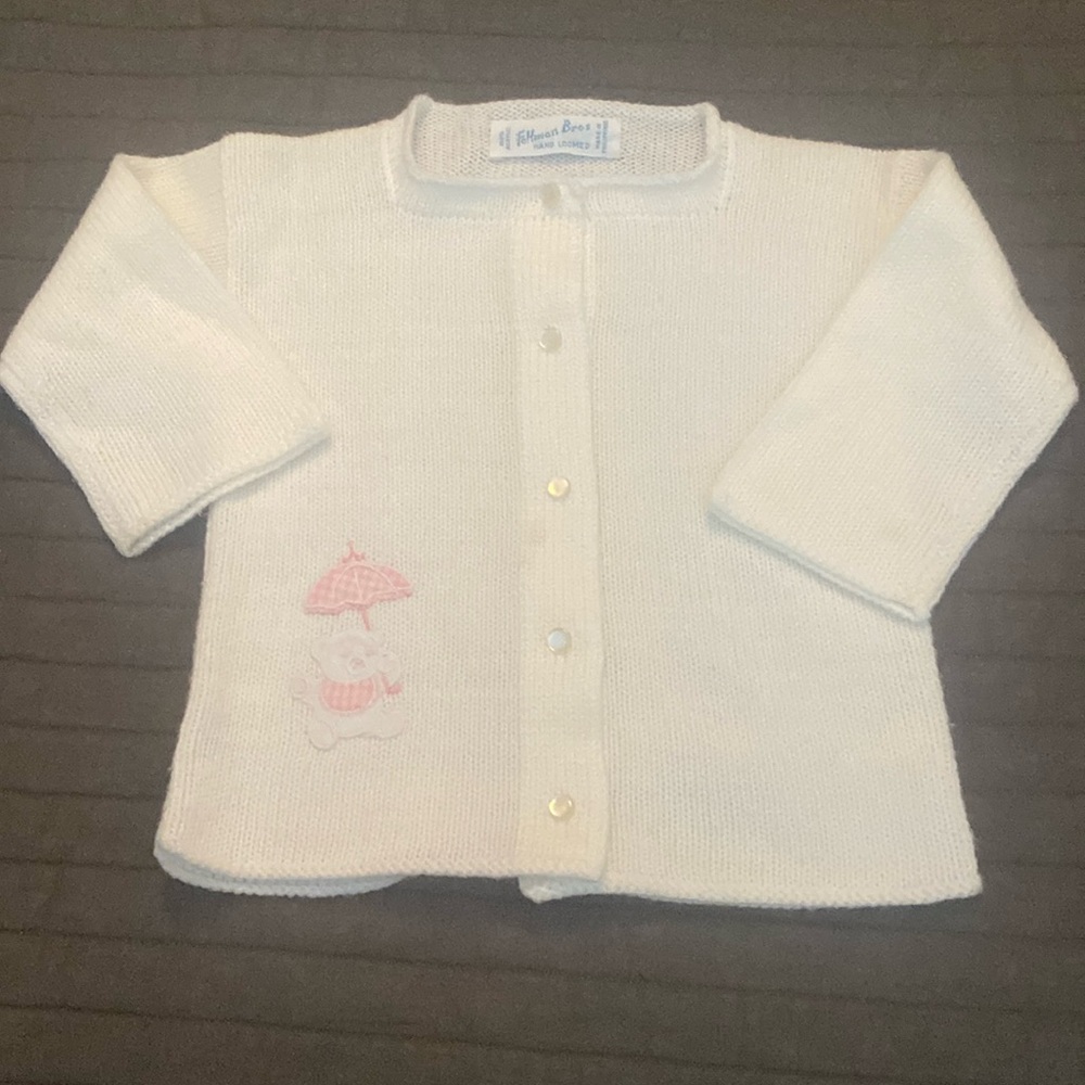 Vintage Feltman Bros. Knit Cardigan Sweater with Appliqué Pink Teddy Like New
